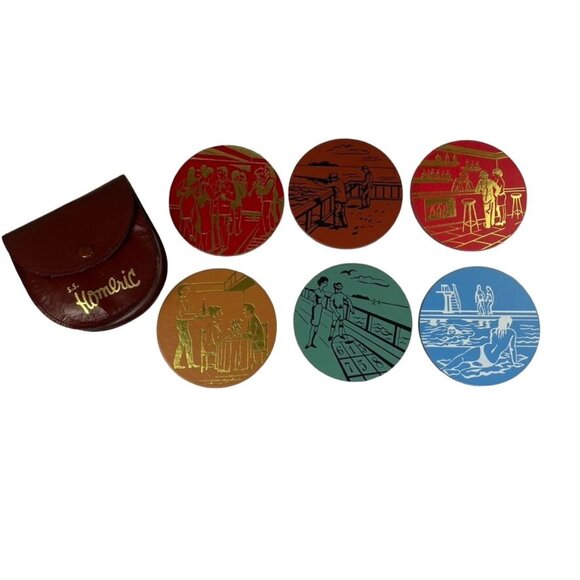 Vintage 7 Piece SS Homeric Ship Souvenir Coaster Set w Case 1960 u - Picture 2 of 3